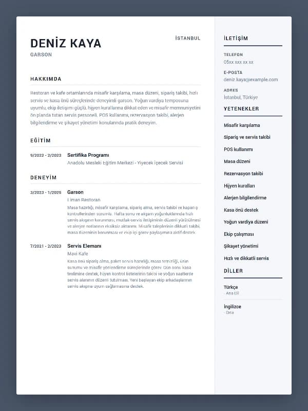 Garson CV Örneği şablon önizlemesi