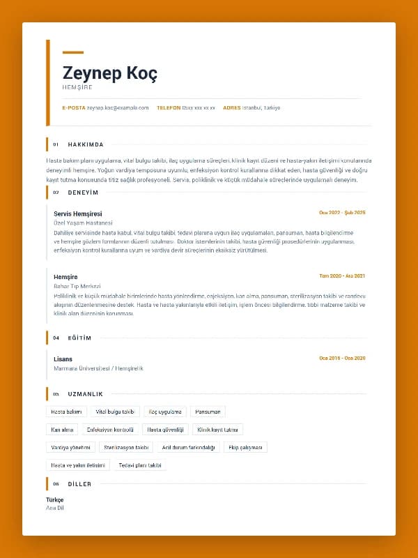 Hemşire CV Örneği şablon önizlemesi