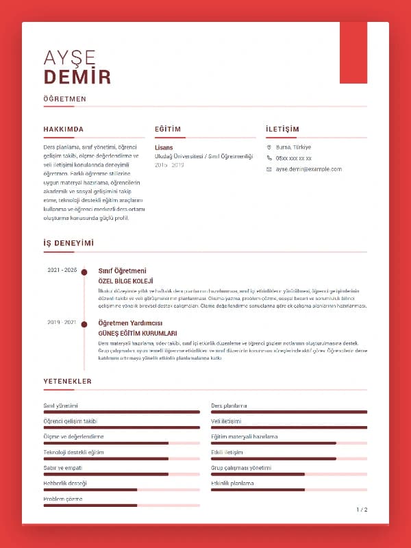 Öğretmen CV Örneği şablon önizlemesi