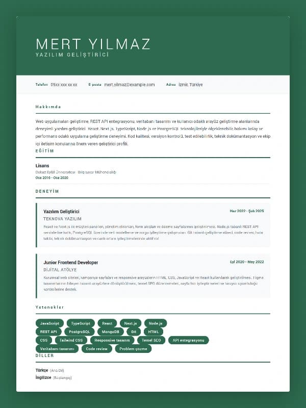 Yazılım Geliştirici CV Örneği şablon önizlemesi